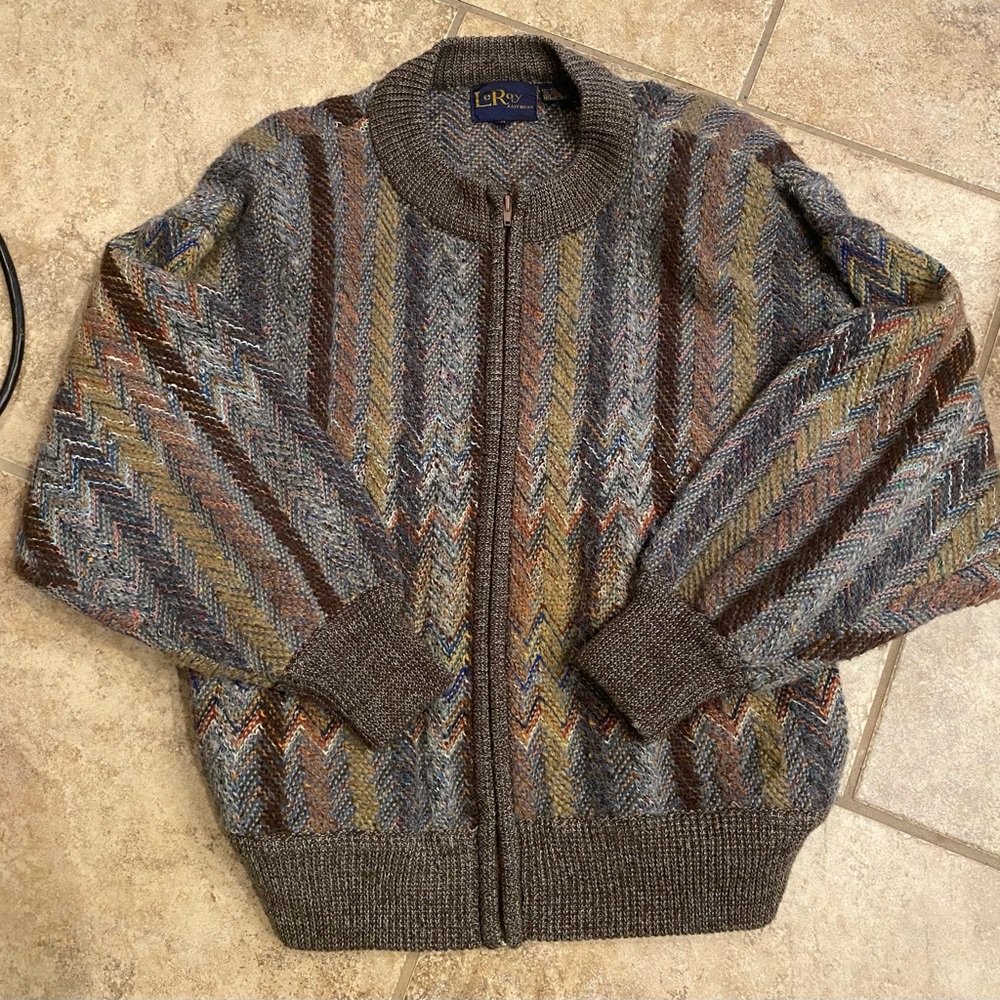 LeRoy Knitwear Mens Acrylic Wool Zip Up Jacket Size S long sleeve Shoulder pads